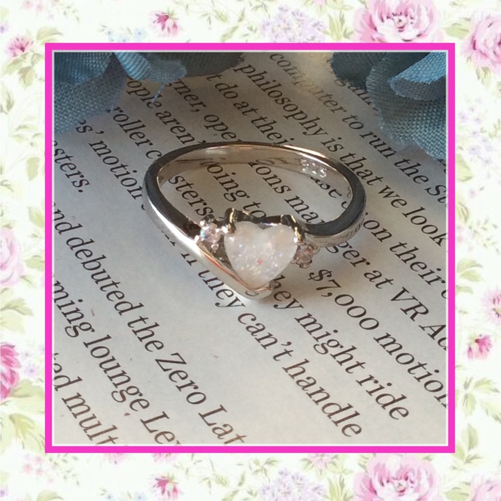 🎀 HEART OPAL MOONSTONE RING FIRE DIAMOND BOHO SILVER PRETTY CUTE LOVE PROMISE